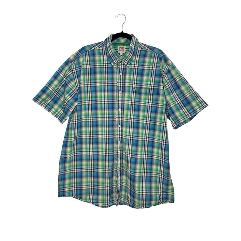 Cinch Men’s Large Short Sleeve Button Up Shirt Blue Green Plaid Western Rodeo